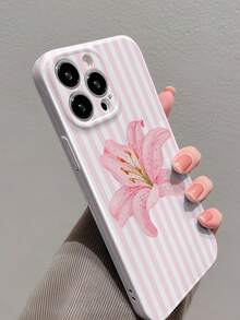 1pc Striped Lily Flower Pattern Glossy Perforated Faux Leather Full Coverage Hard Phone Case Compatible With Samsung/Compatible With IPhone 11/12/13/14/15/16 Pro Max