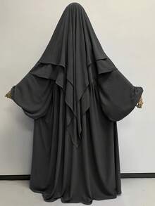 1 Set Soft Double-Layer Solid Color Hijabs Headscarf With Tie Design + Muslim Abaya Dress With Pleated Front Design, Classic Versatile Abaya Jilbab, Suitable For All Seasons, Casual, Cute, Elegant, Made Of Polyester