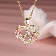 Heart Letter Rose Flower Necklace, Women's Fashion Pendant Valentine's Day Gift - S - 查看 1