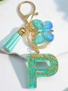 1 móc khóa chữ cái tiếng Anh bằng nhựa màu tương phản, móc khóa túi xách thời trang có hình bướm, tua rua và pom pom, quà tặng cho bạn bè và bạn gái, móc khóa túi xách Giáng sinh, phụ kiện ô tô, ý tưởng quà tặng cho giáo viên và chị gái - Màu xanh Bạc hà - Xem 17