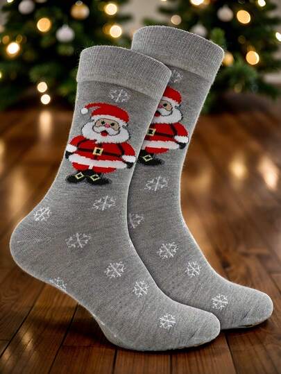 1 Pair Of Men's Mid Length Stockings, Christmas Themed Socks, Fashionable Cartoon Santa Claus Pattern, Suitable For Men, Couple Style, Comfortable And Warm Christmas Gift, A Must-Have Fashion Item For Autumn And Winter