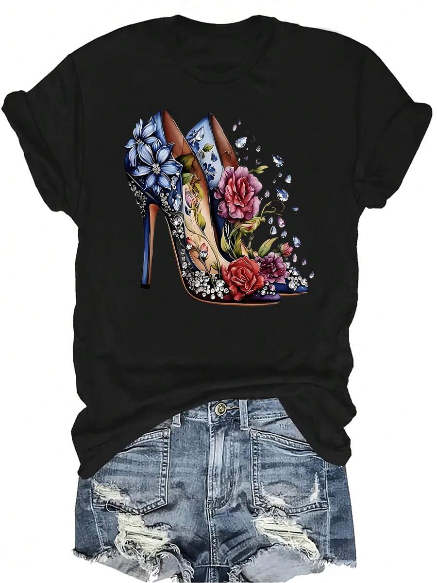 Camiseta de mujer de manga corta, cuello redondo, casual, transpirable y versátil con estampado de tacones altos y flores, adecuada para adolescentes y adultos - Negro - Ver 1
