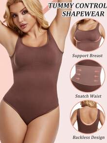 Seamless Women Thong Shapewear Bodysuit Tummy Control Abdomen Compression Backless Body Shaper Tank Top Vest Underwear Undershirts Shirts Lingerie Sleeveless Wide Shoulder Straps - 棕色 - 查看 3
