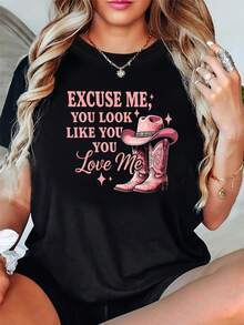 Funny Women's Country Western Style T-Shirt - "Sorry, You Look Like You Love Me" With Pink Cowboy Boot Design - Soft Round Neck Nights And Parties, Machine Washable, Zero Transparency, Comfortable, Short Sleeve, Ideal Spring, Playful Design - 黑色 - 查看 2