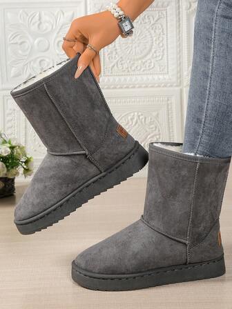 Western Style Thick Fleece Snow Boots For Women, Christmas Home Thick Sole Anti-Slip Boots, Brown, Black, Gray, Mid-Calf, Tall Snow Boots, Outdoor Thick Warm Boots, Casual Anti-Slip Snow Boots, Guiding Boots, Flat Furry Shoes, Comfortable Women Shoes