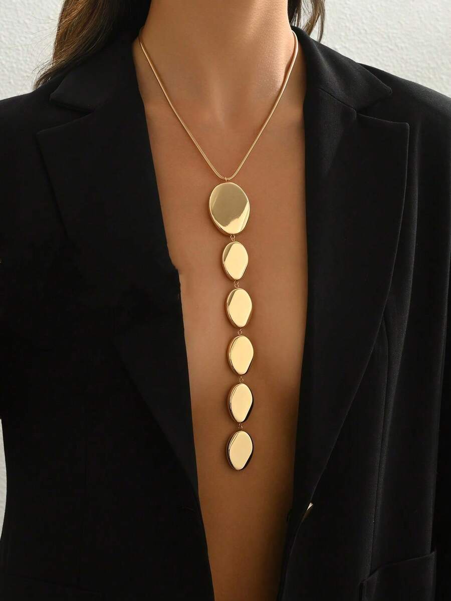 1 buah Kalung Liontin Panjang Ukuran Besar Bergaya Emas dengan Bentuk Geometris Asimetris Cembung Gradien Halus, Set Kalung & Anting Logam, Set Perhiasan yang Dipersonalisasi, Kalung Rantai Tulang Ular Bentuk Y, Kalung Liontin, Set Perhiasan Pesta Liburan, Set Aksesori Gaun Formal