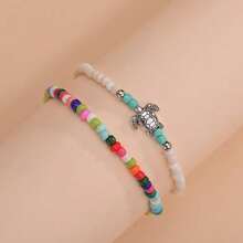 2pcs 2025 New Bohemian Style Anklet Turtle 2 Pcs Beach Bead Colorful Rainbow Multicolor,For Women Summer Gifts - 2Pcs - View 3