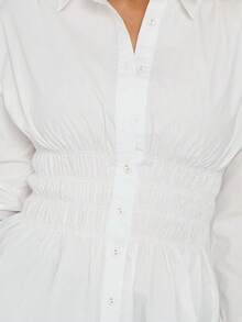 Women Y2k Solid Button Down Shirt Collared Long Sleeve Cinched Waist Blouse Slim Fit Shirred Ruffle Tops Babydoll Tees - 白色 - 查看 5