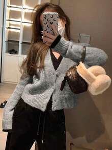 Grey V-Neck Loose Cardigan With 2 In 1 Design, Long Sleeve, Autumn/Winter - Grey - View 1