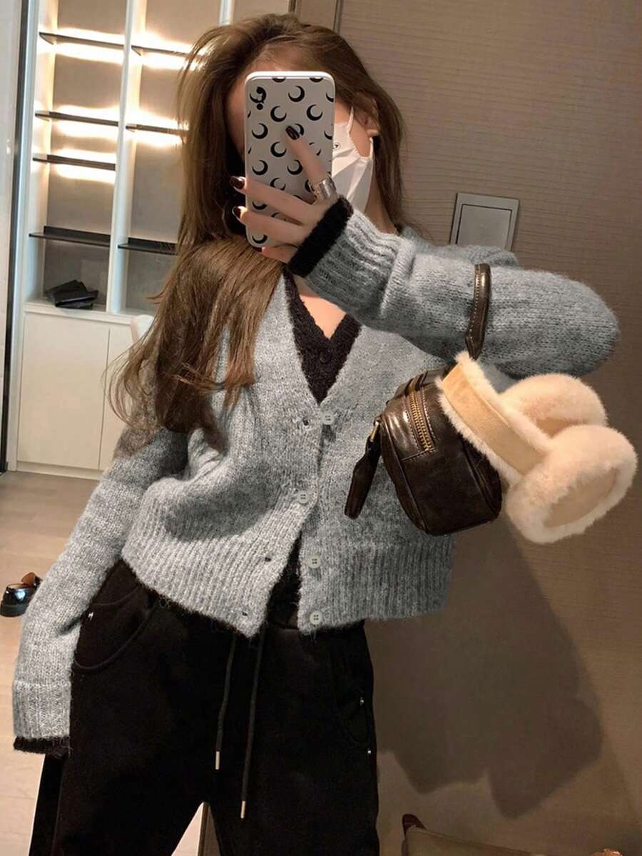 Grey V-Neck Loose Cardigan With 2 In 1 Design, Long Sleeve, Autumn/Winter - Grey - View 1
