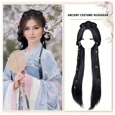 中国风时尚假发，耐高温合成假发，黑色直发假发头饰，适合角色扮演、服装搭配和日常佩戴