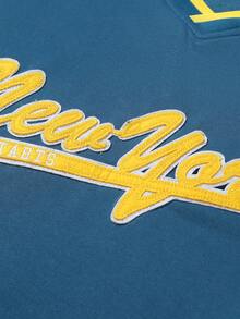 DIYIE 男士时尚卫衣，V领刺绣卫衣，Y2K卫衣，学院风运动卫衣，舒适通勤卫衣 - 藍色 - 查看 4