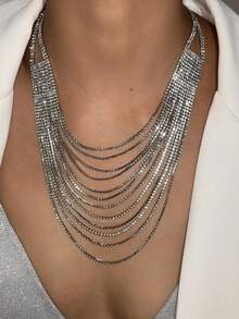 Fashionable Multi-Layer Tassel Necklace, Exaggerated Crystal Choker Necklace, Unique Party & Event Accessory For Women