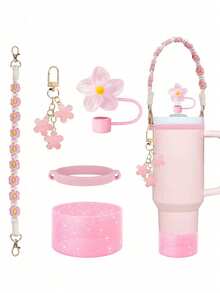 5 Piezas de Accesorios para Tazas - Tapa con Pajita Antifugas 2 en 1 y Juego de Botas & Cadena de Flores & Correa de Transporte con Flores para Tumblers de 30/40oz | Funda de Silicona | Sorbos a Prueba de Derrames para Senderismo, Trayectos y Portavasos de Coche (Rosa/Morado/Blanco)