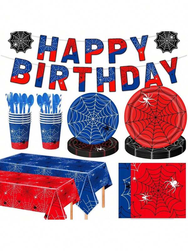 مجموعة إمدادات حفلة بموضوع العنكبوت، مناسبة ل- 10 ضيوف - تصميم شبكة عنكبوت باللون الأحمر/الأزرق/الأسود، أدوات مائدة يمكن التخلص منها - تشمل الأطباق والمناديل والأكواب والمفارش والشعارات - مثالية لحفلات الهالوين وأعياد الميلاد والاحتفالات بالمناسبات - لا تحتاج إلى كهرباء، سهلة التنظيف، إعداد مائدة احتفالية، أدوات مائدة احتفالية، استخدام يومي، أدوات مائدة متينة