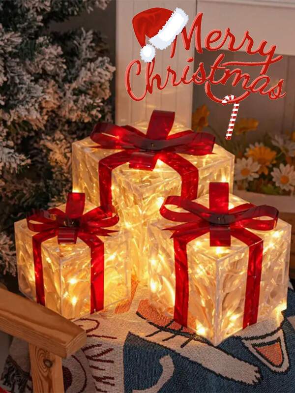 3pcs Christmas Luminous Gift Box, Battery Powered, Christmas, Halloween, Thanksgiving Decoration, Christmas Color Gift Box, Warm And Colorful LED Christmas Gift Box, Suitable For Indoor And Outdoor Christmas Tree Home Bedroom Garden Lawn Decoration, Scene Decoration, Holiday Decoration, Home Decoration, Corridor Decoration, Office Decoration, Courtyard Decoration