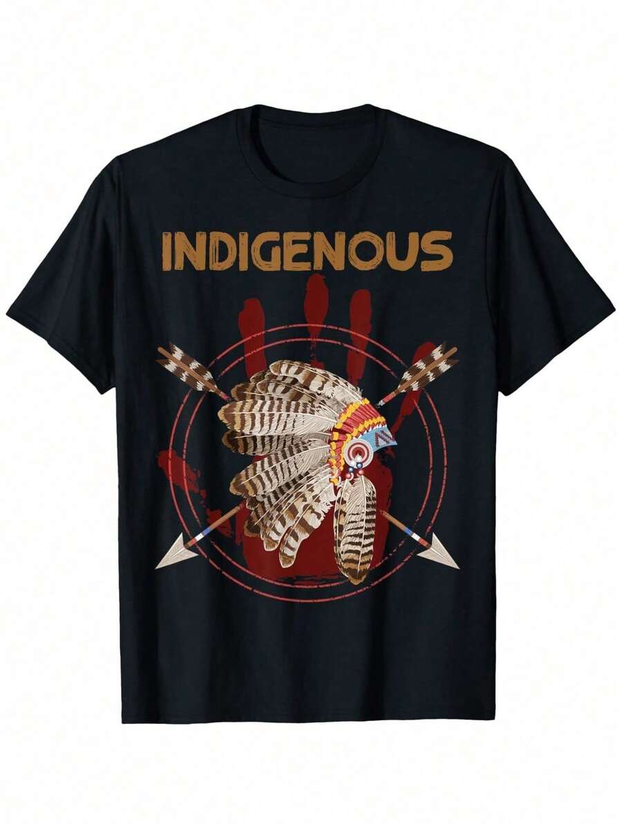 Indigenous Red Hand Print T-Shirt - Loose Fit Unisex 100% Cotton Casual Tee With Cultural Feather & Arrow Design, S-XXXL Sizes, Machine Washable, Allseason Apparel | Breathable Fabric - 黑色 - 查看 1