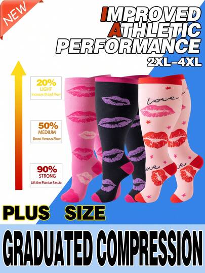 جوارب ضغط واسعة الساق 2XL 3XL 4XL، 3 أزواج جوارب ضغط رياضية للنساء بطبعة الشفاه، هدية عيد الأم وعيد الحب، جوارب ضغط داعمة للرياضة والجري والدراجات