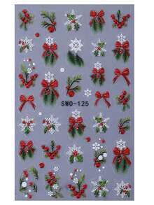 2PCS Red Christmas 5D Embossed Nail Stickers Red Bow Ribbon Holly Snowflakes Designs Xmas Winter Nail Art Decals Self-Adhesive Sliders DIY Charms Manicure Nails Decoration Holiday Gift For Women Girl - Multicolor - View 3