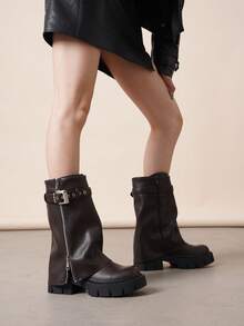 Personalità della moda femminile all-match: stivaletti marroni con suola spessa e stivali da lavoro con fibbia laterale - Castano - Visualizzare 1