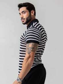 TRICOT DE LUXO Men's Lightweight Textured Striped Polo Collar Knit T-Shirt, High Quality, Spring, Summer, Autumn, Premium Quality - 黑色 - 查看 3