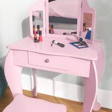 HOMCOM Kids Vanity Table And Chair Set, Girls Vanity Set With Tri-Folding Mirror And Stool, Makeup Dressing Table With Drawer, Pink - Pink - View 6
