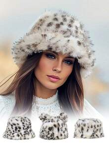 1PC Women's Leopard Print Plush Faux Fur Bucket Hat - Lightweight Warm Winter Hat For Outdoor Travel & Cold Weather, Soft Non-Elastic Snug Fit, Hand Washable Fashion Accessory, Winter Trapper Hat, Cold Weather Gear Autumn Decor