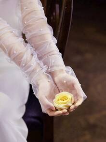 1 Pair Handmade Pearl & Rhinestone Mesh Bridal Gloves, Long Sleeve Wedding Party Dress Accessories Fall Clothes For Women