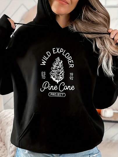 1PC Black Hoodie, Wild Explorer Pine Cone Graphic. Made From Soft, Nature - Inspired Fabric. Features "WILD EXPLORER Pine Cone PROJECT" With A Pine Cone Design, Perfect For Outdoor Enthusiasts. Ideal For Hiking Trips, Casual Outings, Or Showing Love For Nature. Combines Adventure Spirit And Forest Charm.