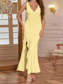 WOWDARK Women's Summer Fashionable Sexy Solid Color V-Neck Ruffle Hem Split Dress, Suitable For Valentine's Day, Dates, Gatherings, Parties, Travel, Vacation, Beach And Other Occasions - 黃色 - 查看 2
