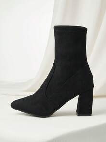 2025新款经典尖头粗跟女式踝靴，百搭时尚短靴，弹力中筒靴，母亲节圣诞节冬季礼物 - 黑色 - 查看 2