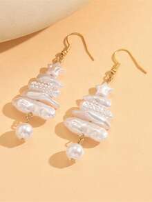 2pcs Elegant Pearl Christmas Tree & Star Design Earrings, Baroque Pearl Style, Versatile For All Occasions, Holiday Gift Choice - Multicolor - View 2