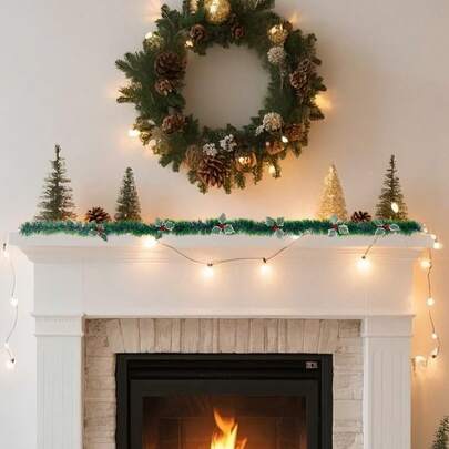 78.74inch Christmas Tinsel Garland Green Pine Needle Red Berries Party Banner For Fireplace Mantel Wall Decorations Indoor