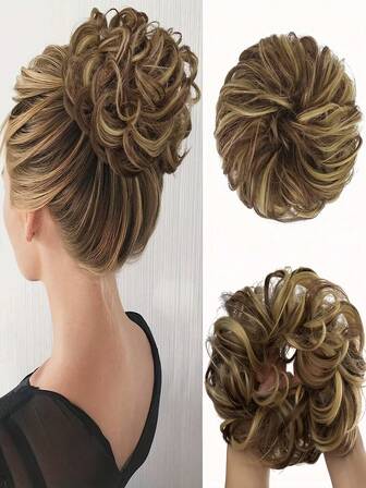 1 件装合成发髻接发凌乱卷曲弹性发圈假发合成发髻甜甜圈发髻发片女士