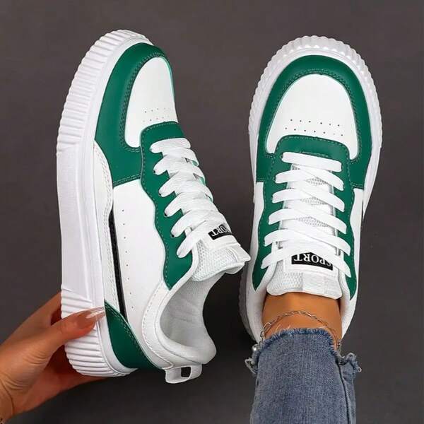 Women's Skateboard Shoes For Men And Couples, Casual Shoes - Lightweight And Breathable Synthetic Fiber Upper, EVA Shock-Absorbing Sole - White And Green Lace-Up Low-Top Shoes, Suitable For Skateboarding, Daily Wear, And Formal Occasions - All-Season Casual Shoes, Youthful Style, Comfortable Lining, Suitable For Outdoor Commuting, Color-Block Design, Durable Structure, Student Exclusive