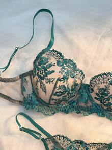 European Blue Style Floral Embroidery Sexy Lingerie Set, Two Piece Set Women,Single-Layer Sheer Bra And Thong, Breathable Underwire Bra And Panty Set, Couple IntimateApparel ,Club Outfits Women Sexy ,Lenceria Sexy Para Mujer - Màu xanh lá cây đậm - Xem 4