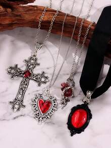 1pc Fashion Gothic Style Rhinestone Heart, Cross, Thorn Heart Pendant Necklace, Unique Punk Jewelry For Women, Suitable For Party, Holiday Wear