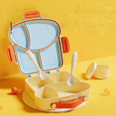 1pc Microwave Plastic Children's Bento Box With Compartments, Cutlery And Sauce Cups, Odor-Free Lunch Box For Home, Office, School