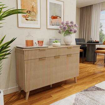 Sideboard With 2 Drawers 3 Doors Cabinet Wooden Side Cabinet Raised Legs Cutlery Storage Cabinet Wave Pattern TV Cabinet Coffee Bar Cabinet For Kitchen Living Room Entryway Brown