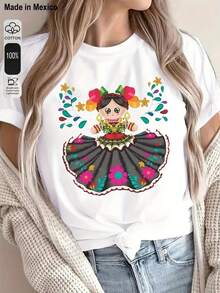 Camiseta Estampada de Estilo Mexicano para Mujeres - Patrones Florales y de Arte Popular Vibrantes, Top de Manga Corta Transpirable con Cuello Redondo, Estilo Casual de Verano de Ajuste Regular, Lavable a Máquina, Tela Medio Elástica - Blanco - Ver 1