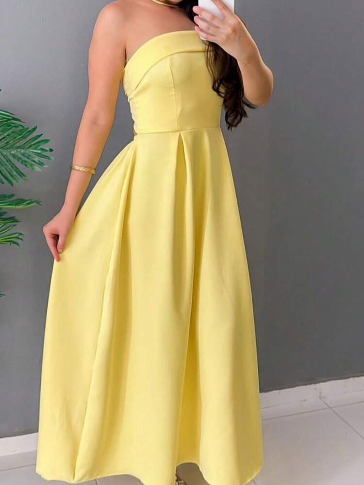 Vestido Tomara que Caia em Alfaiataria – Elegância e Sofisticação em Cada Detalhe! - Amarelo - Visão 5