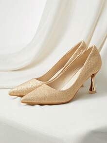 法国香槟金低跟新娘鞋，优雅舒适的新娘婚礼高跟鞋，圣诞节冬季圣诞礼物 - 香檳色 - 查看 9