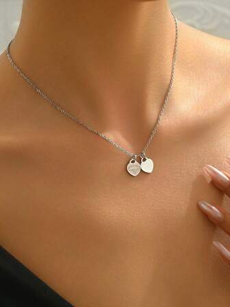 1pc INS Style Double Heart Pendant Necklace, Korean Fashion Jewelry, Suitable For Daily Wear, Gift For Valentine's Day & Best Friends