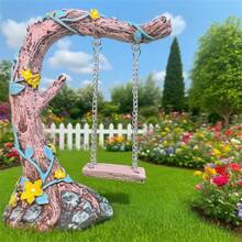 1pc Swinging Tree With Swing Garden Decor (Multiple Color Options) - Vintage Stump With Pink Flowers, Suitable For Succulents, Indoor Tabletop Display, Unique Rustic Style Gift, Outdoor Space Decor, Living Room Decor, Ideal Birthday, Christmas, Halloween, Thanksgiving Holiday Gift