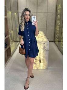vestido virginia com babado  manga 3/4 - Azul Marinho - Visão 3