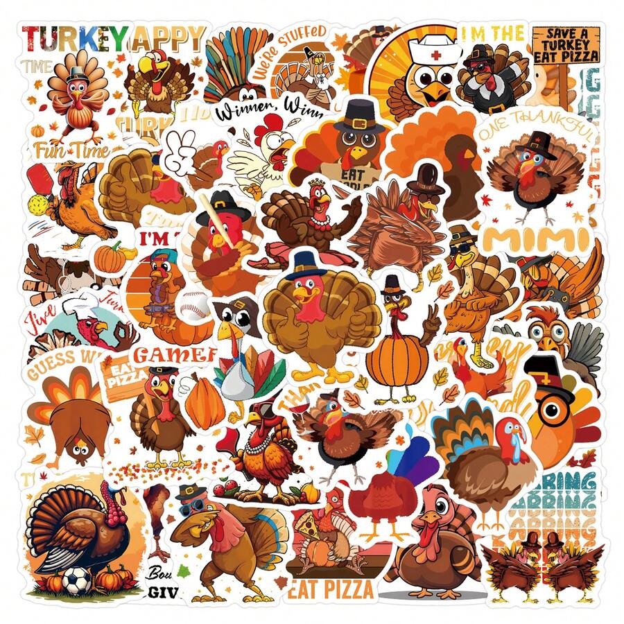 55pcs/Pack Thanksgiving Turkey Series Doodle Stickers, Reusable Stickers Suitable For Holiday Decorations, Halloween, Christmas, Easter, DIY On Water Bottles, Laptops, Skateboards, Vibrant Artistic Doodle Set For Journals, Scrapbooks, Party Supplies, Great For Winter, New Year