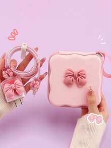 Cute Bow Candy Color Data Cable Protective Cover Data Cable Storage Protection Bag Data Cable Earphone Charger Digital Accessories Storage Box Anti-Fall Zipper Bag 6 Pieces Set Compatible With IPhone20W Fast Charging Head