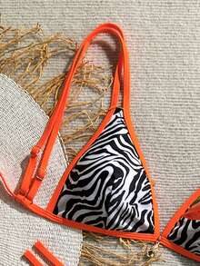 1 套女式斑马花卉印花吊带比基尼泳装，两件套露背系带时尚休闲沙滩泳装 - 橘色 - 查看 4