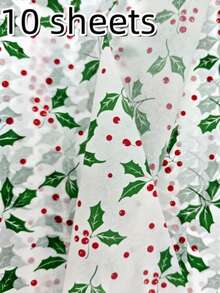 5/10/20 Green Christmas Leaf And Red Berry Pattern Thin Paper, 19.69 Inches X 13.78 Inches Gift Wrapping Paper, Suitable For Wedding, Christmas, Birthday Gift Packaging, Bouquet Filling, Party Gifts