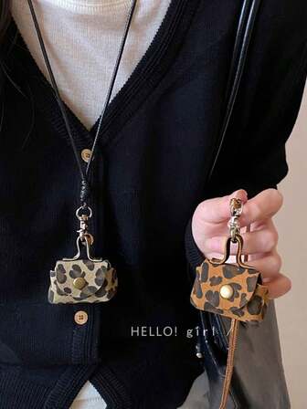 女士仿皮零钱包，豹纹项链包，可爱长款吊坠包配件，别致的收纳珠宝，时尚项链包，用于保护耳机和存放硬币，适合户外活动日常使用